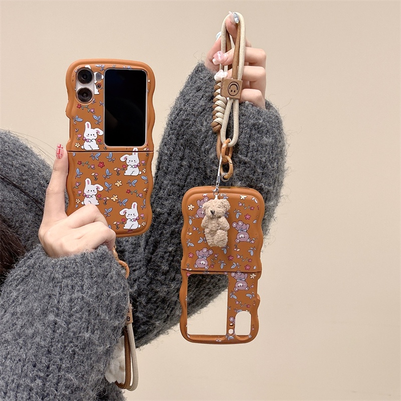 เคสโทรศัพท์มือถือแบบนิ่ม TPU ลายดอกไม้ หมี กระต่าย พร้อมสายคล้อง สําหรับ OPPO Find N3 Flip N2