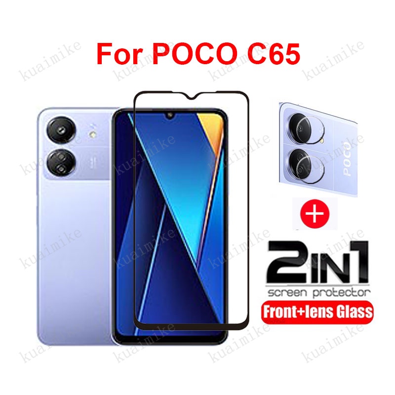Poco C65 C40 กระจกนิรภัย 2 ใน 1 ป้องกันหน้าจอสําหรับ Xiaomi POCO F5 F4 M6 M4 M3 Pro 5G F3 M5s M2 กระจกนิรภัยพร้อมเลนส์กล้องกระจกป้องกัน