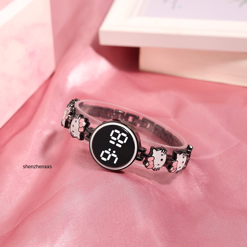 นาฬิกาข้อมือดิจิทัล LED สายสแตนเลส สามารถปรับได้ ลายการ์ตูนแมวน่ารัก แฟชั่นสําหรับผู้ชาย และผู้หญิง
