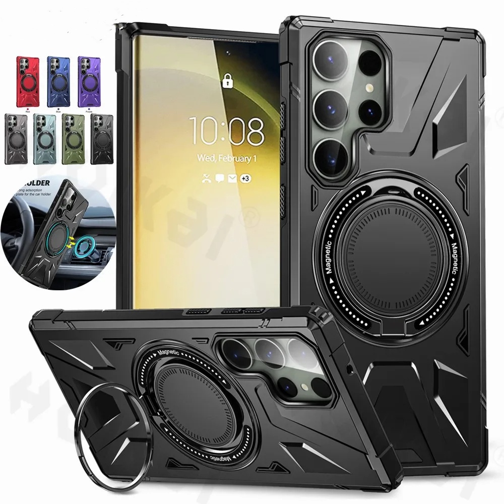 360 ° เคสโทรศัพท์มือถือ PC แบบแข็ง กันกระแทก พร้อมแหวนแม่เหล็ก หมุนได้ สําหรับ Samsung S23 Ultra S23 Plus S23 FE A54 A14 A34