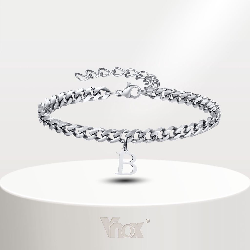 Vnox สร้อยข้อมือโซ่ สเตนเลส จี้ตัวอักษร A-Z 26 ตัว ไม่จางหาย สีเงิน เครื่องประดับ สําหรับผู้ชาย ผู้หญิง