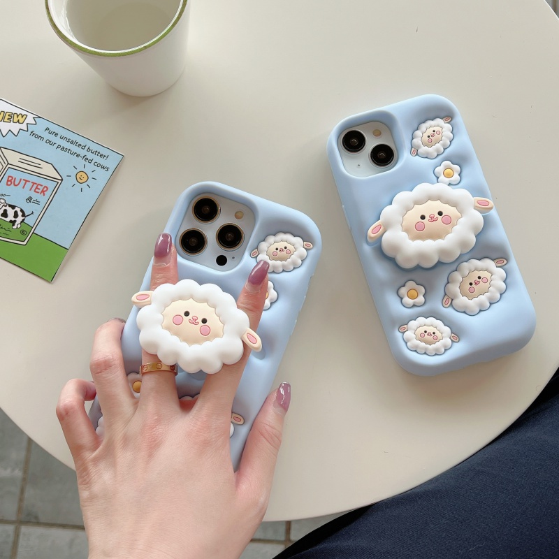 เคสโทรศัพท์มือถือ ซิลิโคน ลายแกะ 3D พร้อมขาตั้ง สําหรับ iPhone 11 12 Pro Max 15 Pro Max 14 Pro Max 13 Pro Max 14Promax
