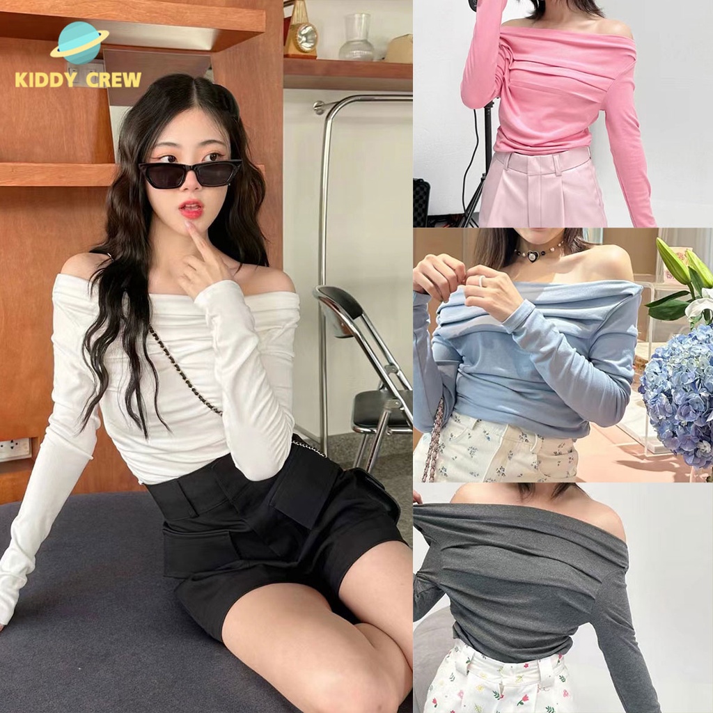 เสื้อคอปปาดไหล่แขนยาว ทรงสวย แต่งจับจีบย่นช่วงอก ใส่เเล้วคุณหนูมาก