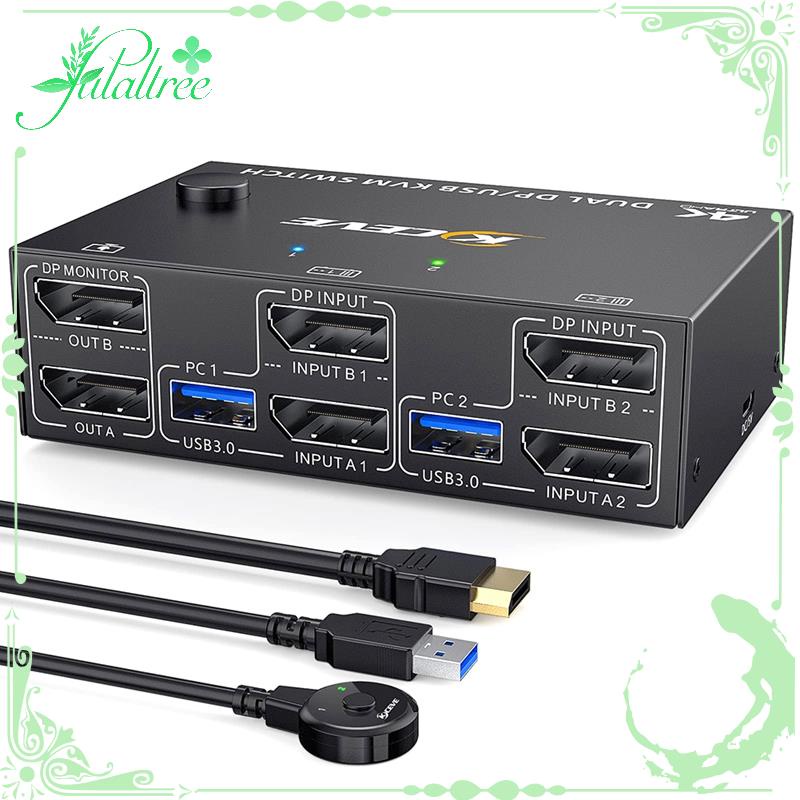 fulaltreeKCEVE KVM Switch Dual Monitor DisplayPort อะไหล่อุปกรณ์เสริม 4 USB3.0 สําหรับคอมพิวเตอร์ 2 