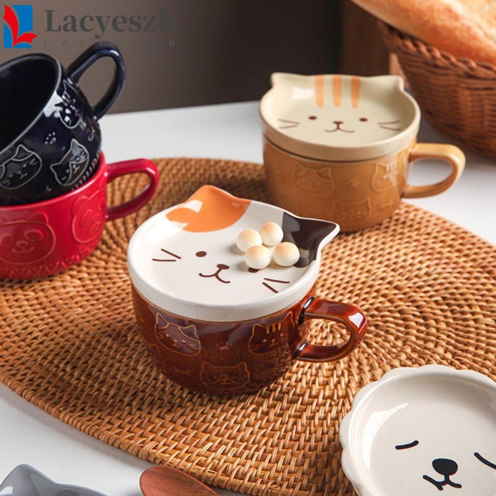 Lacyeszb แก้วกาแฟเซรามิค ลายเม่นแมว พร้อมฝาปิด ลายสัตว์น่ารัก สร้างสรรค์