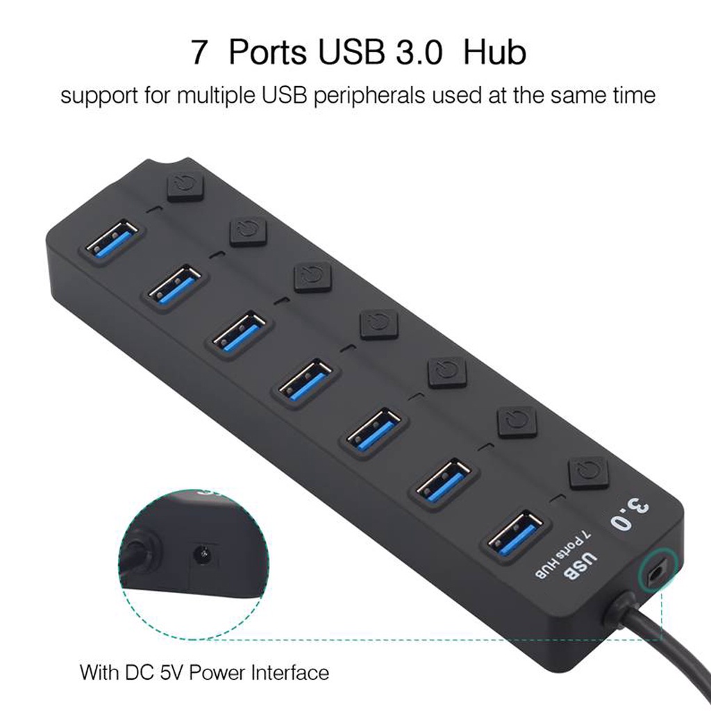 GOOJODOQ อะแดปเตอร์ฮับ USB 3.0 7 พอร์ต USB 3.0 หลายพอร์ต แบบพกพา พร้อมสวิตช์แยก LED แปลงข้อมูล 5Gbps สําหรับแล็ปท็อป PC