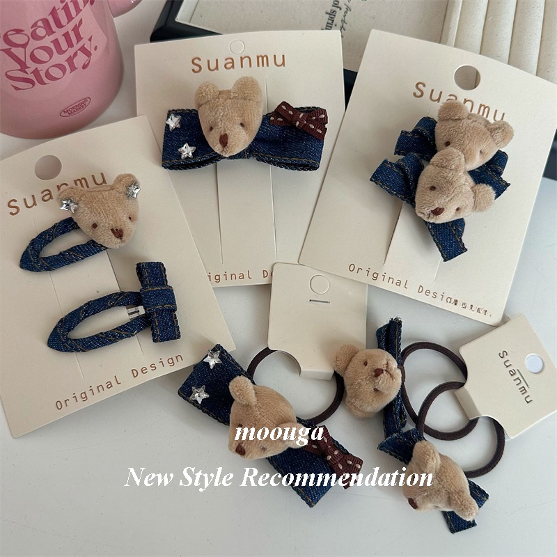 Moouga/denim Series กิ๊บติดผม ยางรัดผม รูปหมี สามมิติ ขนาดเล็ก เครื่องประดับผมหน้าม้า สไตล์ใหม่