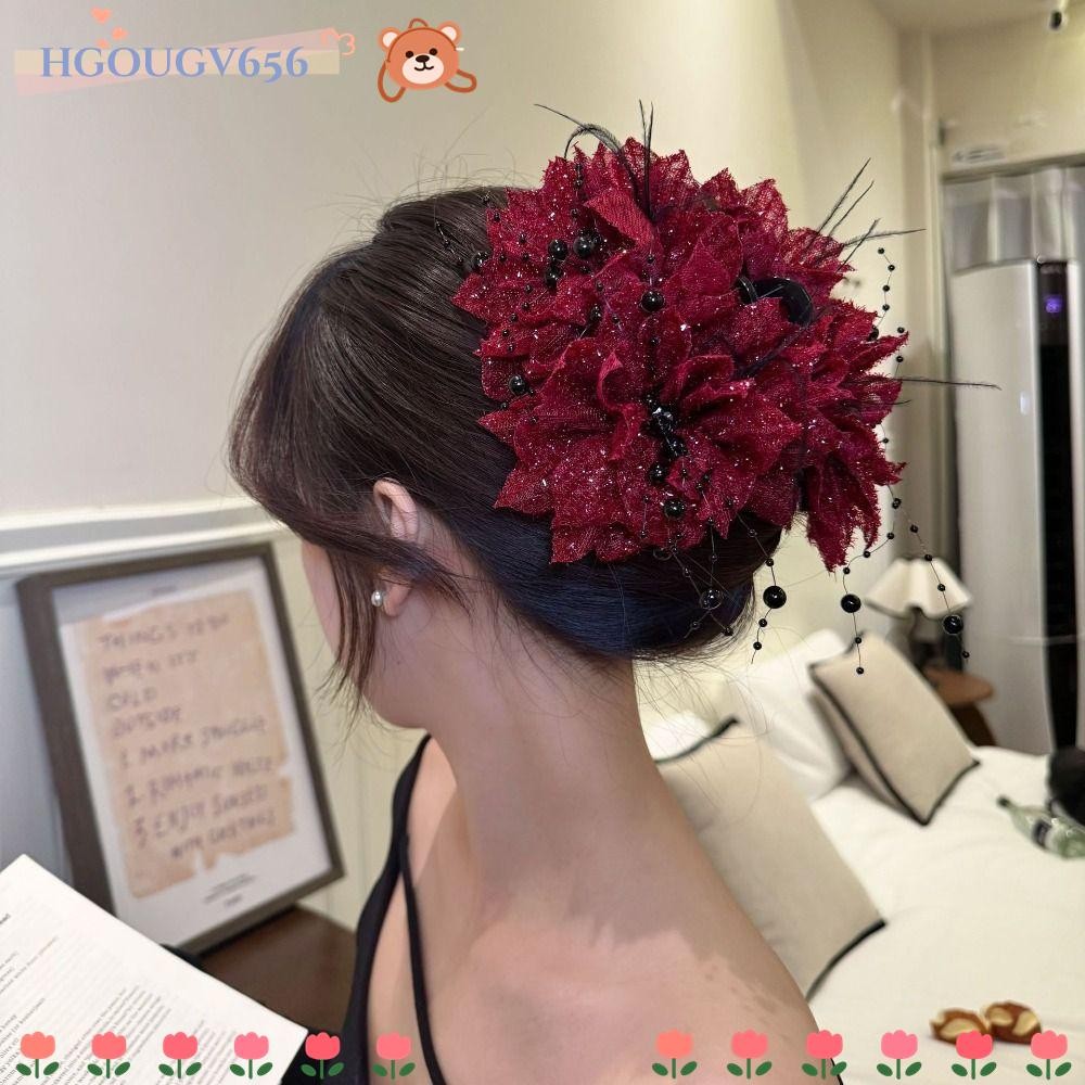 Hgougv656 ใหม่กิ๊บดอกโบตั๋นสีแดงและสีดําสาวอารมณ์อ่อนโยนสง่างาม