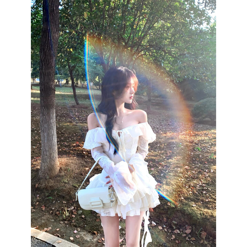 French Style Pure Desire Lace-Up Off-Shoulder Long Sleeve Dress Autumn New Ruffled Waist Slimming Fairy Short Dress