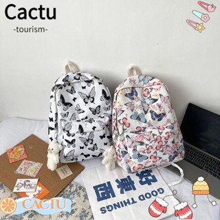 Cactu กระเป๋าเป้สะพายหลัง ผ้าไนล่อน พิมพ์ลายผีเสื้อ แบบพกพา ไม่มีจี้ สําหรับนักเรียนหญิง