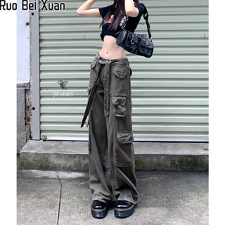 Ruo Bei Xuan กางเกงยีนขายาว เอวสูง ทรงตรง ทรงหลวม ขนาดใหญ่ สไตล์อเมริกัน สําหรับสตรี