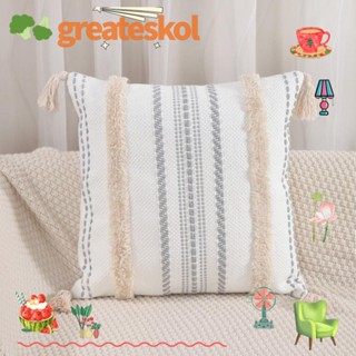 Greateskol ปลอกหมอน ผ้าฝ้าย ทรงสี่เหลี่ยม ขนาด 18×18 นิ้ว พร้อมพู่ สีเบจ สําหรับตกแต่งโซฟา 2 ชิ้น