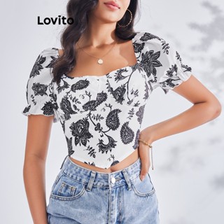 Lovito เสื้อเบลาส์ลําลอง คอสี่เหลี่ยม แขนพัฟ ลายดอกไม้ สําหรับผู้หญิง LBE03099 (สีดําและสีขาว)