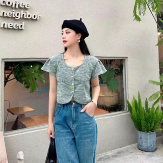 เสื้อคาร์ดิแกน แขนสั้น ลายทาง สีสันสดใส สไตล์เกาหลี