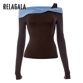 Relagala ใหม่ เสื้อยืดลําลอง แขนยาว เปิดไหล่ข้างเดียว เข้ารูป สีตัดกัน แฟชั่นสําหรับสตรี 2023