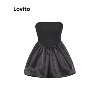 Lovito เสื้อแขนกุด เปิดไหล่ สีพื้น ผ้าคาดเอว น่ารัก สําหรับผู้หญิง L53AD014 (สีดํา)