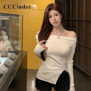 Cccindee ใหม่ เสื้อยืดแขนยาว เปิดไหล่ ผ้าถัก เข้ารูป สีพื้น เซ็กซี่ เข้ากับทุกการแต่งกาย แฟชั่นสําหรับสตรี 2023