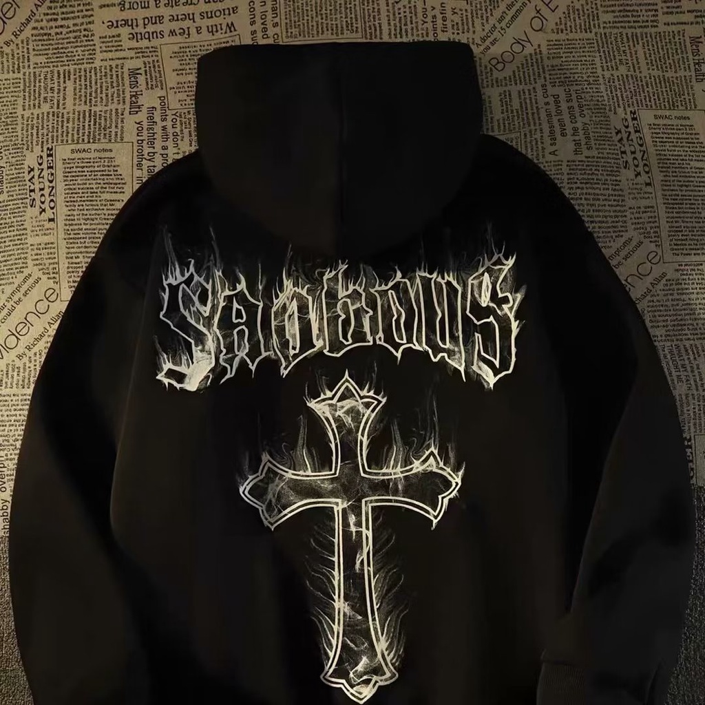 【M-8XL】2026ใหม่ อเมริกันวินเทจ Flame Cross พิมพ์ กำมะหยี่ ฮู้ดฮิปฮอปหลวม Unisex เสื้อกันหนาว