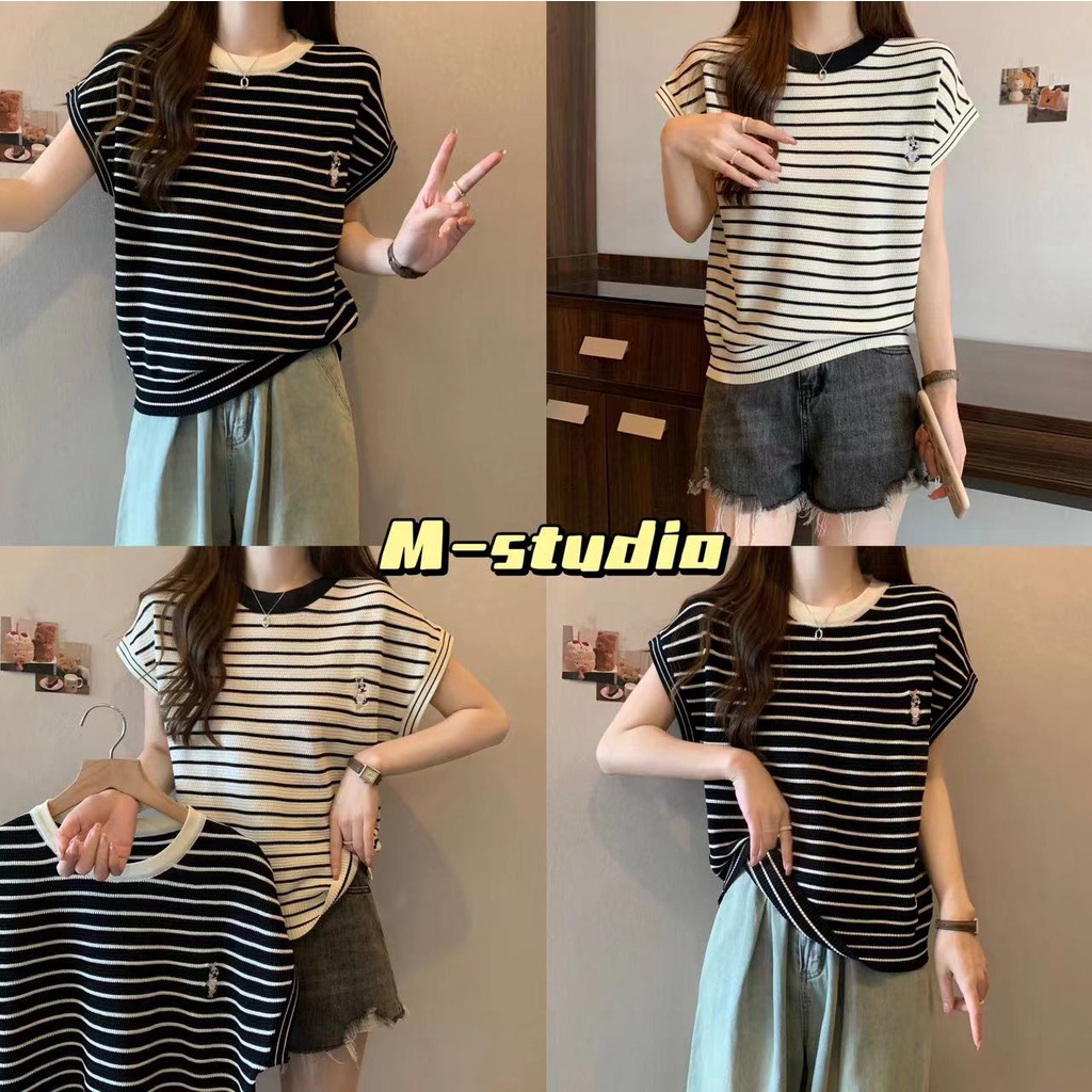 Maze*เสื้อยืดไหมพรมลายทาง คอกลม ปักอกมี3สีให้เลือก คอกลมลายทาง ใส่เล่นใส่เที่ยวก็สวยก็ปัง(51118-1)