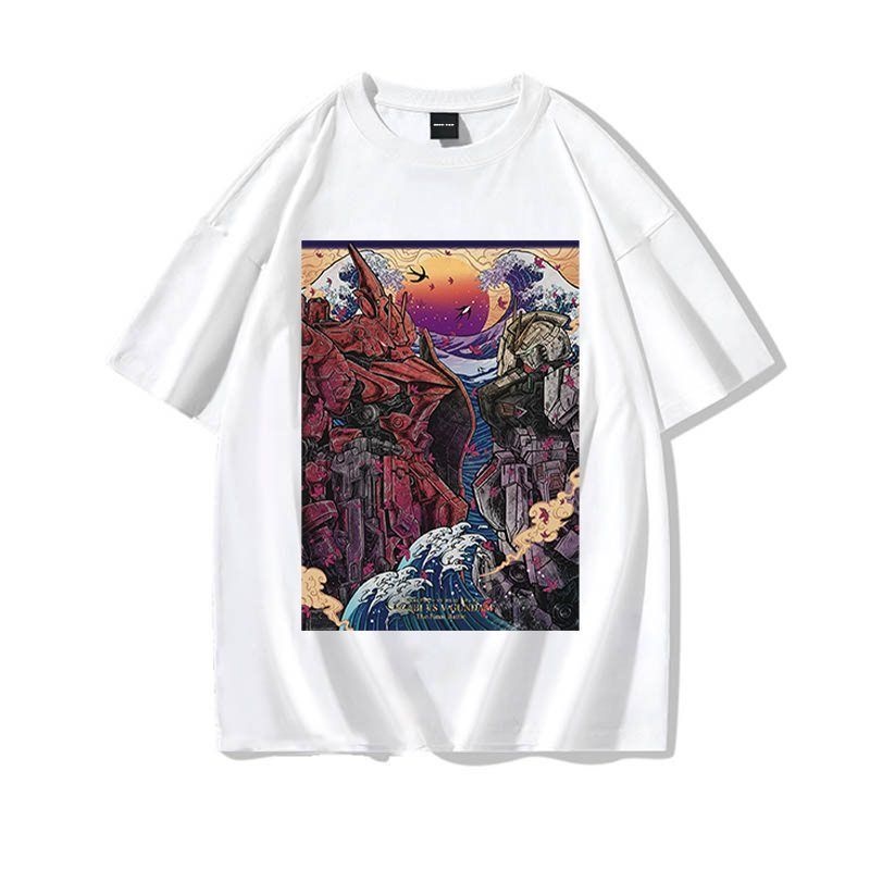 แฟชั่น Mobile Suit Gundam พิมพ์ลายเสื้อยืดแขนสั้นผู้ชายคอกลมผ้าฝ้ายแท้ Gundam + Zaku เสื้อผ้า