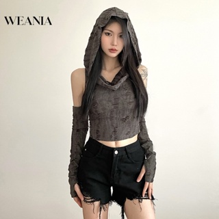 Weania เสื้อครอปท็อป แขนกุด มีฮู้ด เข้ารูป สีพื้น สไตล์สตรีท แฟชั่นสําหรับผู้หญิง