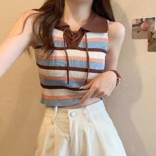 Luo เสื้อโปโล แขนกุด ลายทาง สีคอนทราสต์ สไตล์เรโทร สําหรับผู้หญิง 2023