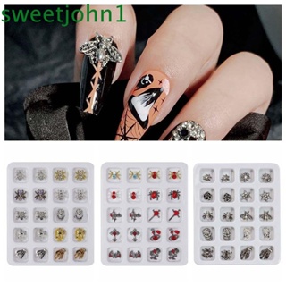 Sweetjohn อุปกรณ์ตกแต่งเล็บ พลอยเทียม โลหะ รูปโครงกระดูก แมงมุม ฮาโลวีน DIY สําหรับตกแต่งเล็บ 20 ชิ้น ต่อชุด