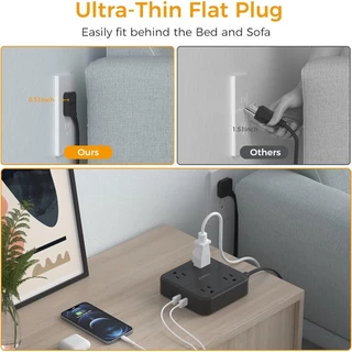 TESSAN ปลั๊กพ่วง ปลั๊กไฟ ซ็อกเก็ตต่อขยาย แบบบางพิเศษ พร้อม USB Type C อเนกประสงค์ ทนทาน คุณภาพสูง