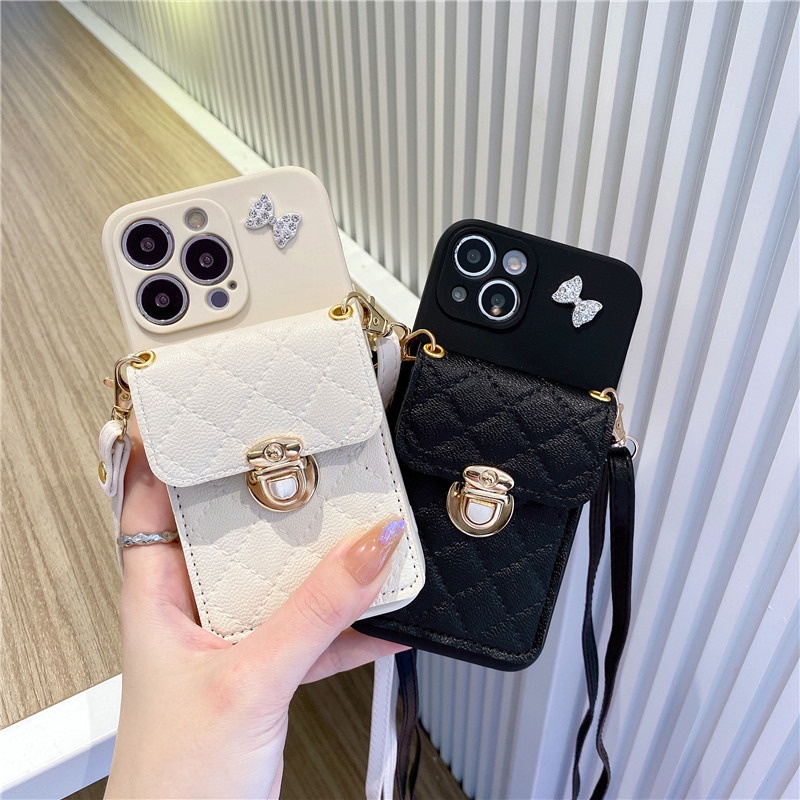 เคสโทรศัพท์มือถือ ปิดด้านหลัง แบบเต็มเครื่อง ประดับโบว์ และเพชร พร้อมสายสะพายข้าง แฟชั่น สําหรับ Samsung Galaxy S23 S22 S21 Ultra S20 Fe S10 S9 S8 Plus Note 20 10 19 8 Note20 Note9 Note8 S10 Lite S10e