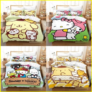 Yb3 ชุดเครื่องนอน ผ้าห่ม ปลอกหมอน ลาย Hello Kitty Pompom Purin 3in1 ซักทําความสะอาดได้ สําหรับหอพัก BY3