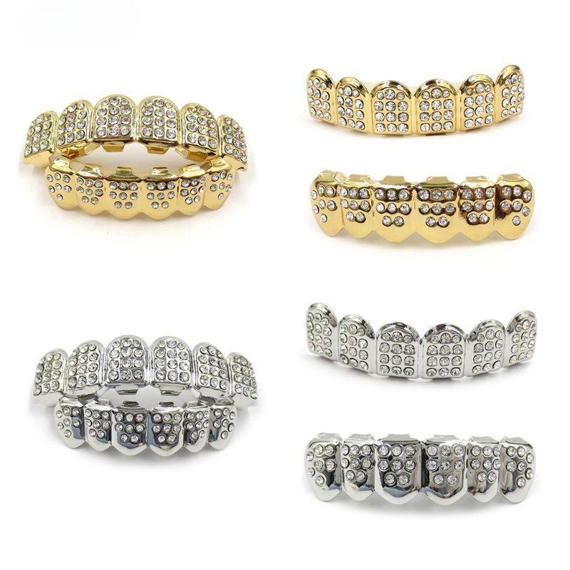 Lt LIDU1 อินเทรนด์ทอง/เงิน Rapper เงา Cool Bling เพชรด้านบนและด้านล่างฟัน Braces ปากหมวกฟัน Grillz B