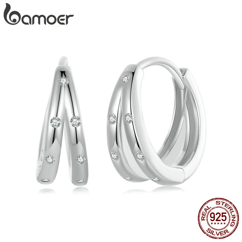 Bamoer ต่างหูเงินสเตอร์ลิง 925 สองชั้น เครื่องประดับ สําหรับผู้หญิง