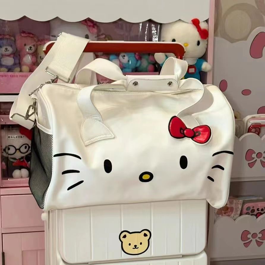 Hello Kitty การ์ตูนน่ารักกระเป๋าใบใหญ่, โบว์ไหล่เดียว Hello Kitty, กระเป๋ายิมแบบพกพา, กระเป๋าเดินทาง