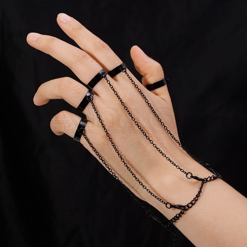 ชุดเครื่องประดับ สร้อยข้อมือ แหวนโซ่ หลายชั้น สีดํา สไตล์พังก์ ฮิปฮอป สําหรับผู้หญิง และผู้ชาย