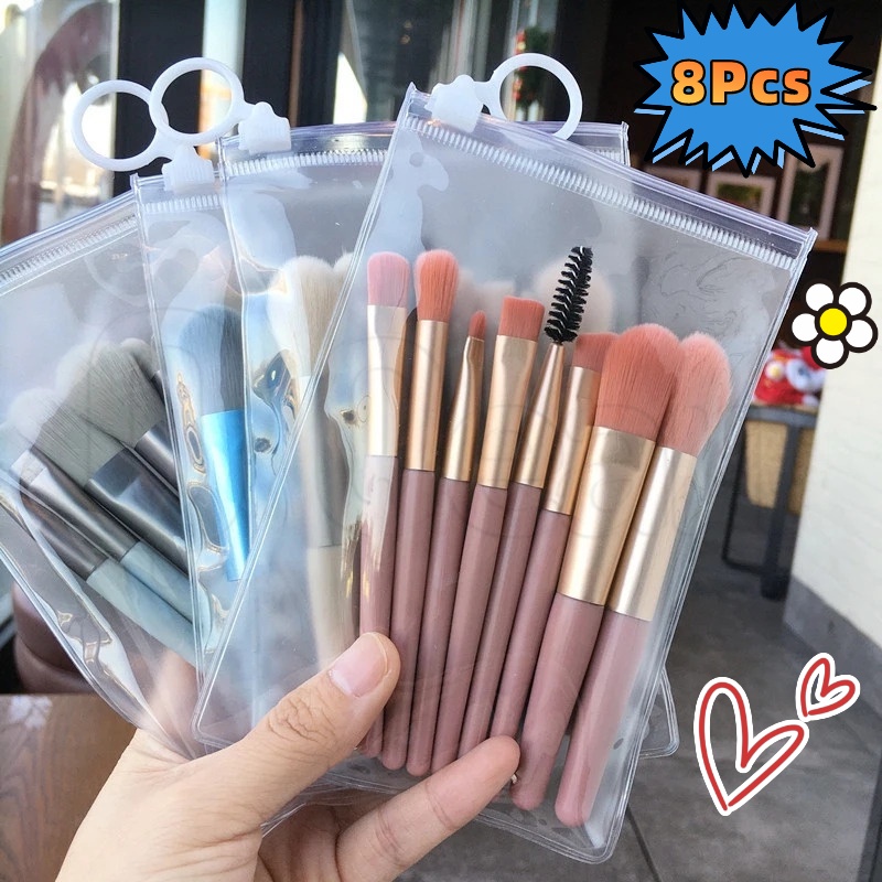ชุดแปรงแต่งหน้า มาการงอน 8 ชิ้น / ชุดเครื่องมือความงาม สําหรับผู้เริ่มต้น / กระเป๋าพกพา อายแชโดว์ แป้ง บลัชออน ไฮไลท์ แปรง / แปรงคอนซีลเลอร์ ขนนุ่ม และฟู
