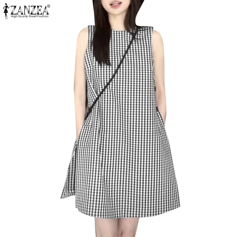 Zanzea ชุดเดรส คอกลม แขนกุด ลายสก๊อต มีกระเป๋าด้านข้าง สไตล์เกาหลี สําหรับผู้หญิง