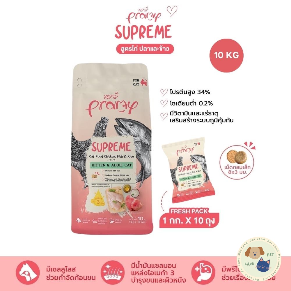 Pramy Supreme อาหารเม็ดแมว สำหรับลูกแมวและแมวโต ขนาด 10kg