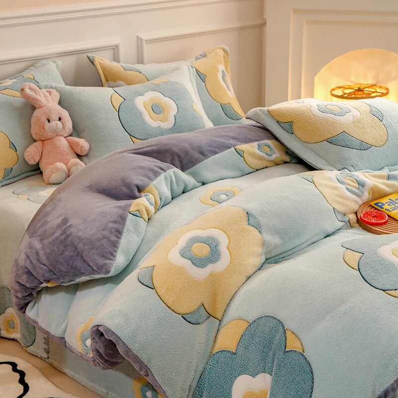 Winter Duvet Cover Bedding  Single Double Queen King Size Quilt CoverThick Fleece Warm Flannel Coral