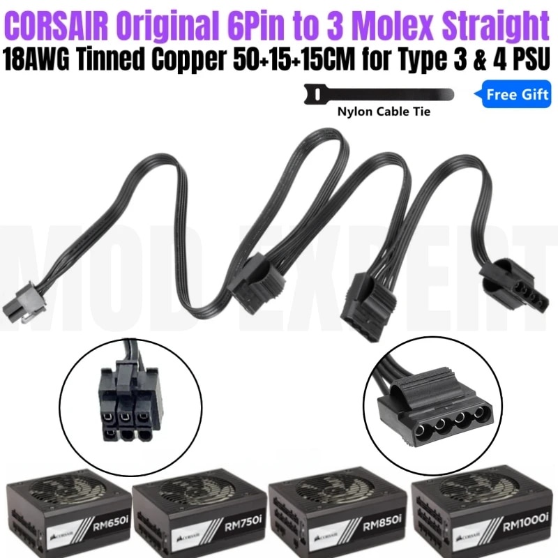 ใหม่ CORSAIR 6Pin to 3 Molex PATA IDE 4Pin Perif Fan Power Cable สําหรับ RM550i, RM650i, RM750i, RM8