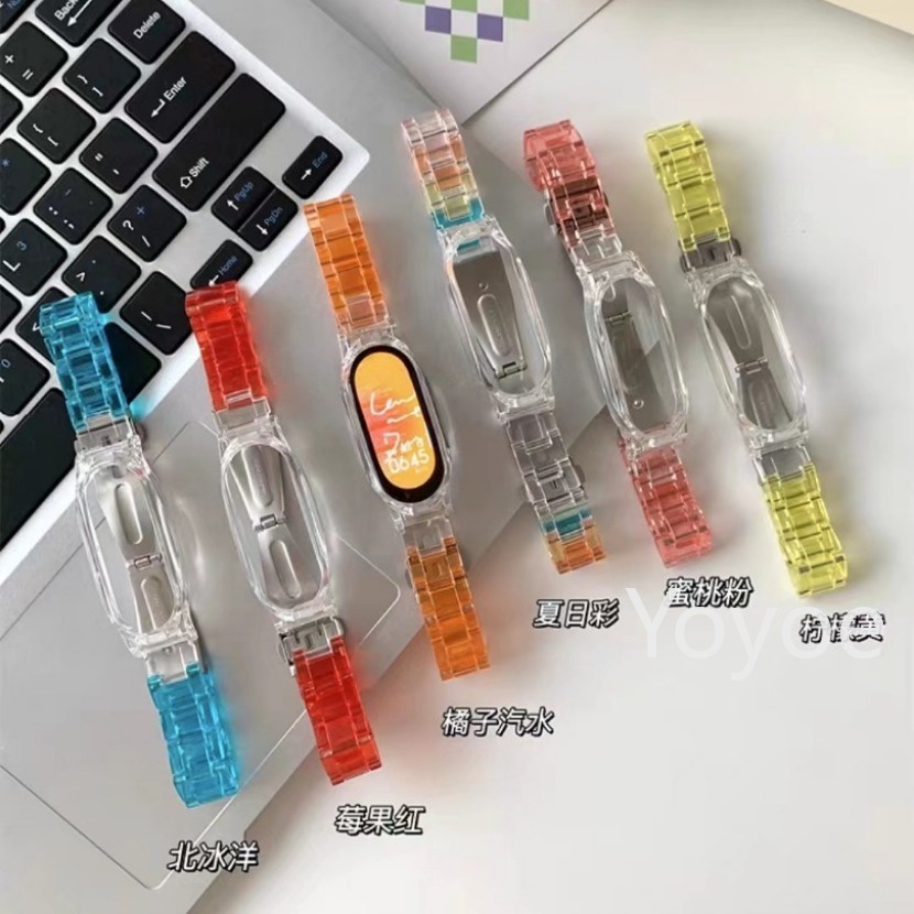 เคสใส + สายนาฬิกาข้อมือ สําหรับ Xiaomi Mi Band 3 4 5 6 7 8 สายรัดข้อมือเรซิ่น สามลูกปัด สร้อยข้อมือ สมาร์ทวอทช์ อุปกรณ์เสริมหัวเข็มขัดโลหะ