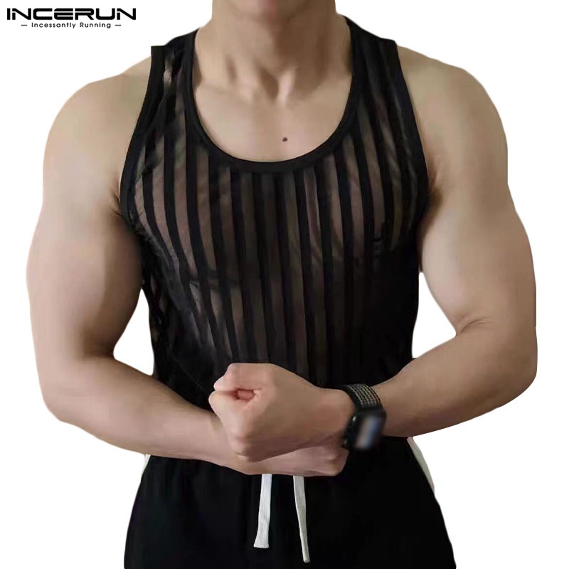 Incerun เสื้อกล้าม แขนกุด ผ้าตาข่าย ลายทาง รัดรูป สําหรับผู้ชาย