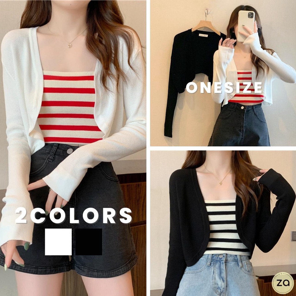 HOT SALE เสื้อคลุมไหมพรมบางทรงครึ่งตัว ไร้กระดุม 2 สี ปลายเสื้อโค้ง