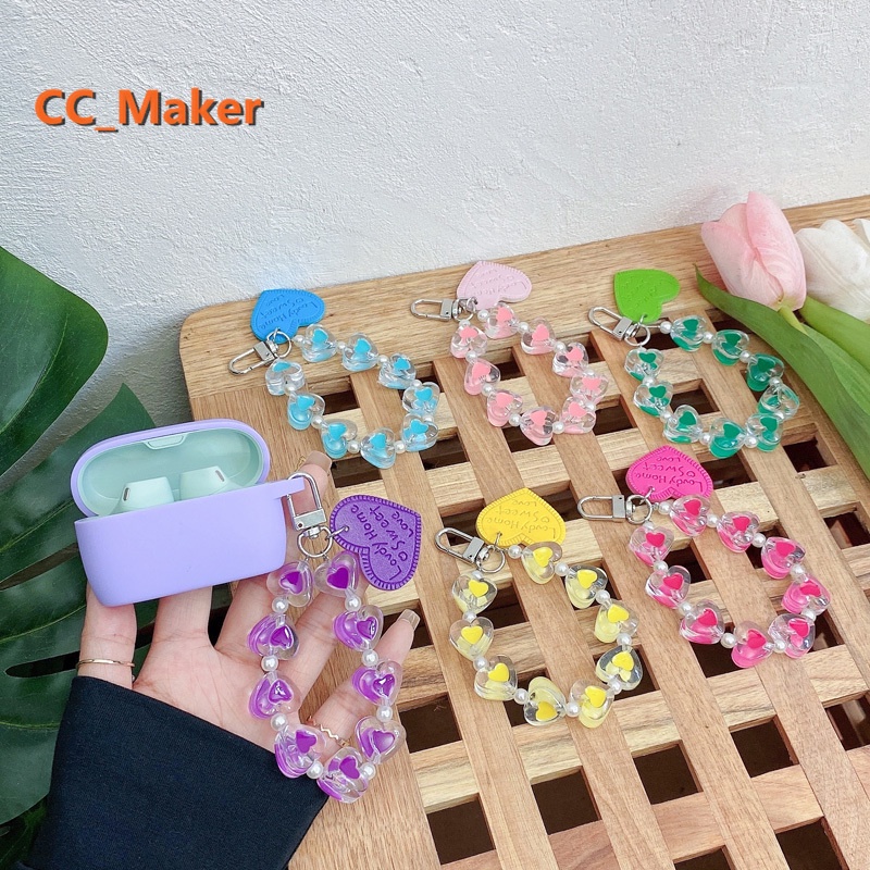 For Jabra Elite 4 Active Case Pure Color Silicone Soft Case Love Heart Bracelet Keychain Pendant Jab