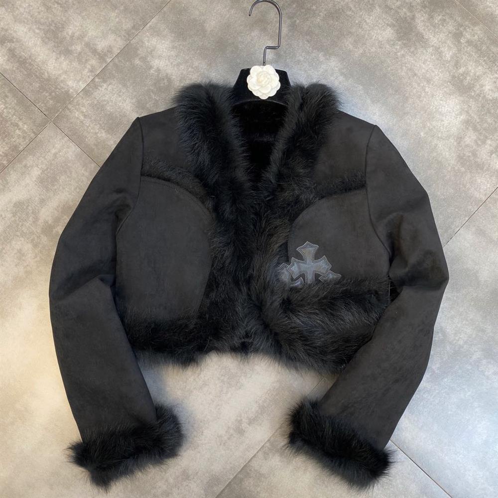 Winter 2023 V-neck long sleeve fur edge patch fabric cross knitting matte PU fur one thick cotton coat for women