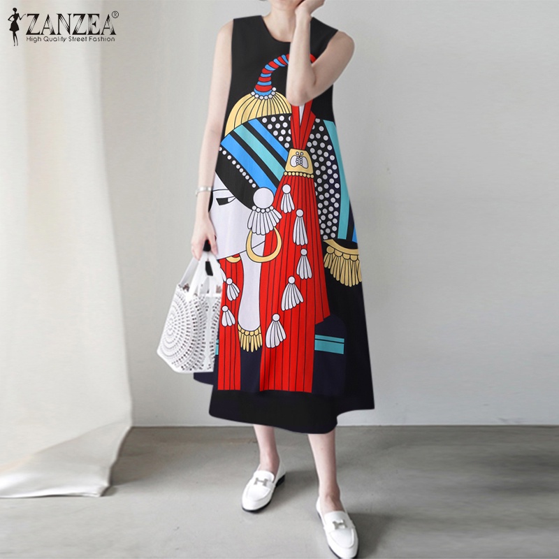 ZANZEA ซานเซีย ชุดเดรสลําลองคอกลมแยกด้านหลังแขนกุดหลวมพิมพ์ลาย — صورة 5