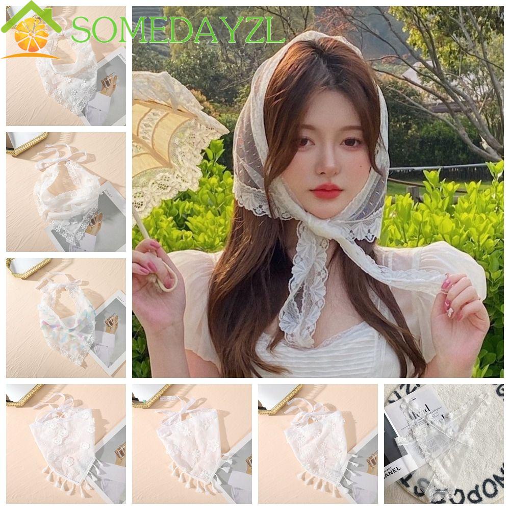 Somedayzl ผ้าพันคอ ผ้าโพกหัว ทรงสามเหลี่ยม ดอกไม้ ผีเสื้อ ลูกไม้ เครื่องประดับผม น่ารัก ผ้าโพกหัว เด็กผู้หญิง