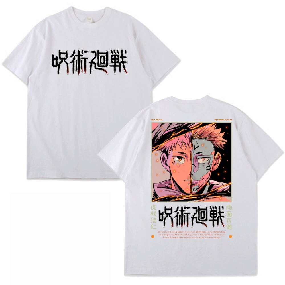 บาง เสื้อยืดอะนิเมะ Jujutsu Kaisen พิมพ์สองด้าน Ryomen Sukuna T-shirt ผ้าฝ้าย 100% เกม