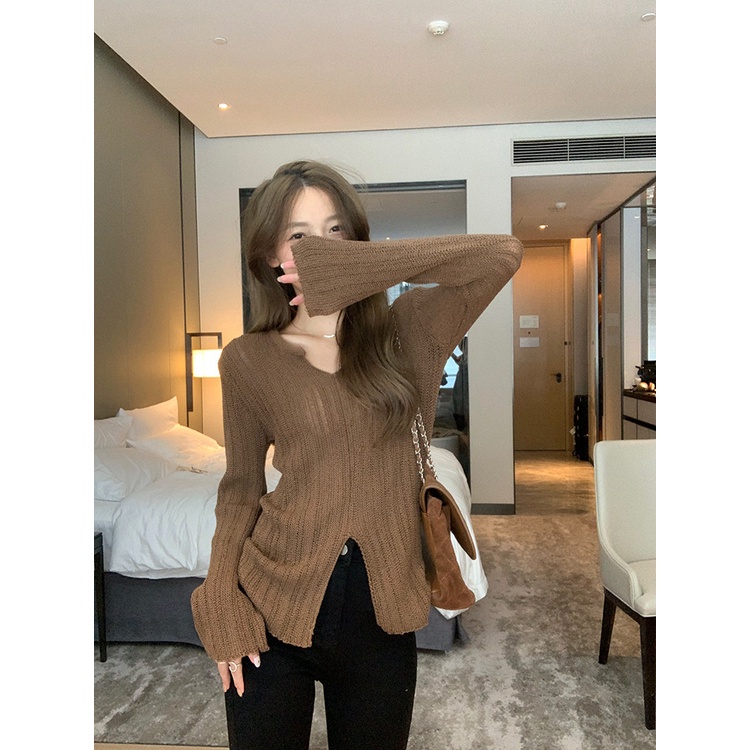 NZN ความรู้สึกการออกแบบซอกเสื้อถักคอวีต้นฤดูใบไม้ร่วงใหม่แฟชั่นที่เรียบง่ายชั้นฐานช่องบางด้านบนผู้หญิง