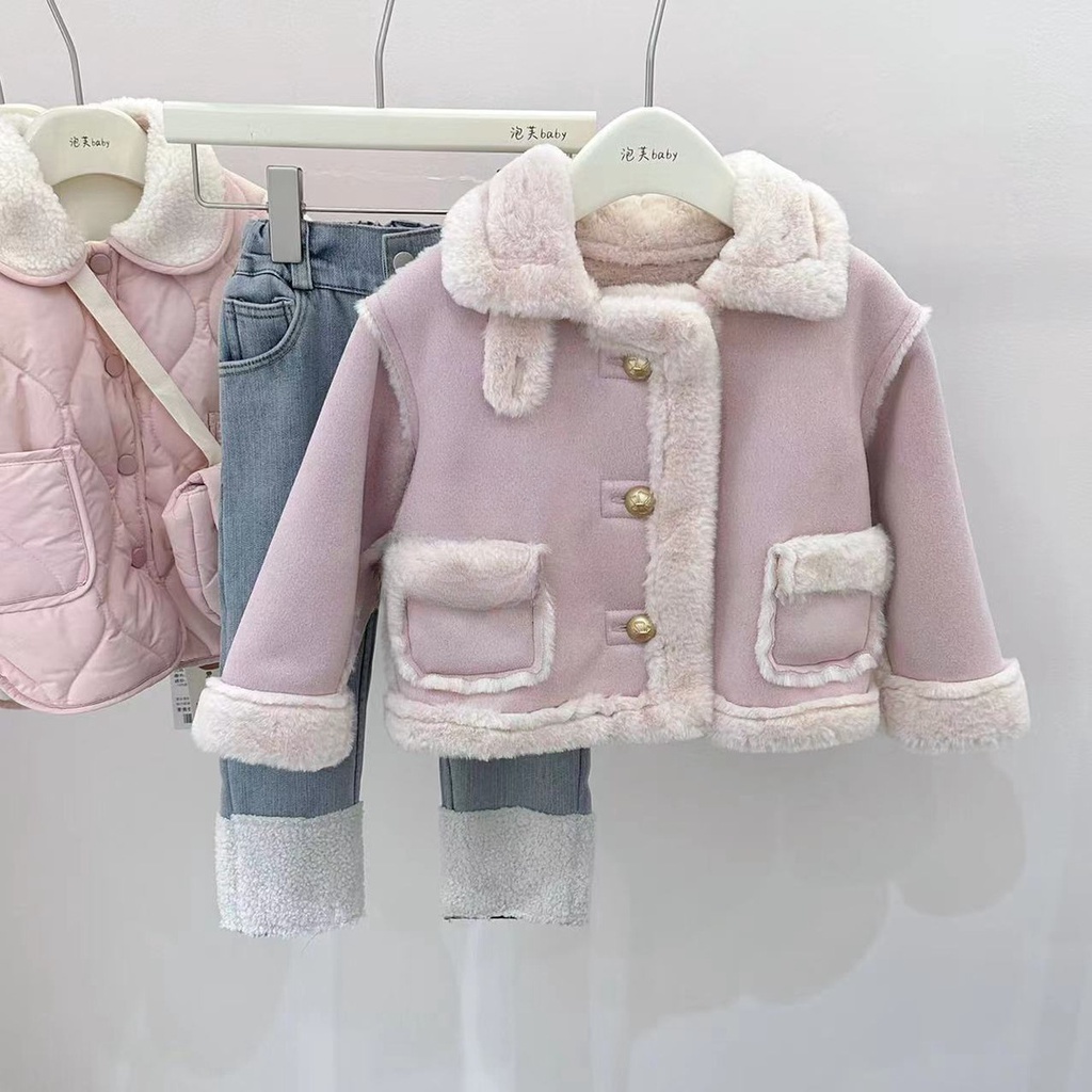 สาวแจ็คเก็ตฤดูใบไม้ร่วงฤดูหนาวรูปแบบใหม่ซับหนาเด็กขนชิ้นเดียวด้านบนแฟชั่นฤดูหนาวเสื้อผ้าเด็ก