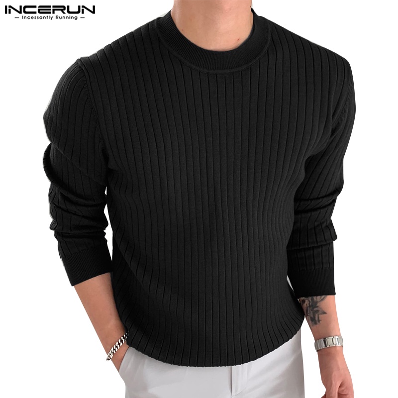 Incerun เสื้อยืด คอกลม แขนยาว ลายทาง เรียบง่าย สไตล์เกาหลี สําหรับผู้ชาย